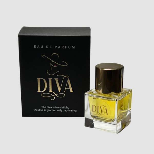 T-Perfume perfume named Diva. Black box with illustrations on it. At the top there's written 'EAU DE PARFUM', below that is a minimalistic illustration of a woman wearing a hat merged with the name of the perfume, Diva written below the illustration. At the bottom of the box there is written 'The diva is irresistible, the diva is glamorously captivating'. Next to the black box is a small 30 ml perfume bottle filled with golden liquid and a golden cap. The bottle has a sticker with Diva written on it.